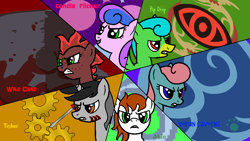 Size: 900x506 | Tagged: safe, artist:vorian caverns, oc, oc only, oc:able, oc:bip drop, oc:candle flicker, oc:tinker, oc:vorian caverns, oc:wild card, species:pony, angry, bust, cutie mark, different muzzle colour, female, freckles, group, heterochromia, male, mare, portrait, signature, stallion, text