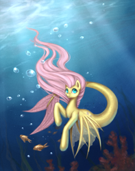 Size: 1573x2000 | Tagged: safe, artist:nyarmarr, character:fluttershy, bubble, crepuscular rays, female, fish, hippocampus, merpony, solo, species swap, underwater, watershy