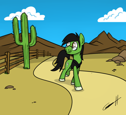 Size: 1200x1100 | Tagged: safe, artist:gearholder, oc, oc only, oc:cactus needles, species:earth pony, species:pony, beard, cactus, desert, facial hair, fence, glasses, mole, moustache, saguaro cactus, solo