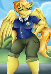 Size: 890x1280 | Tagged: safe, artist:marcushunter, character:spitfire, species:anthro, breasts, busty spitfire, clothing, female, grin, hand on hip, shirt, shorts, smiling, solo, stupid sexy spitfire