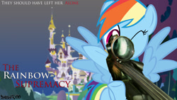 Size: 1920x1080 | Tagged: safe, artist:dash2600, character:rainbow dash, species:pegasus, species:pony, canterlot, female, gun, hooves, jason bourne, mare, movie poster, one eye closed, optical sight, rifle, sniper rifle, solo, spread wings, text, the bourne supremacy, weapon, wings