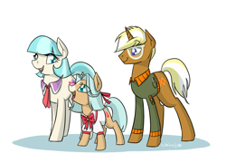 Size: 2000x1443 | Tagged: safe, artist:cihiiro, character:coco pommel, character:trenderhoof, oc, oc:yvonne saint-laurtrend, parent:coco pommel, parent:trenderhoof, parents:trenderpommel, species:pony, crack shipping, female, filly, male, offspring, shipping, straight, trenderpommel