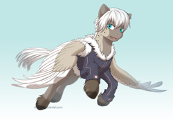 Size: 1492x1039 | Tagged: safe, artist:jay-kuro, oc, oc only, oc:eril, species:pegasus, species:pony, blue eyes, clothing, colored wings, colt, commission, flying, fur, hooves, male, multicolored wings, sky, solo, wings