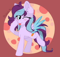 Size: 1476x1416 | Tagged: safe, artist:biskhuit, oc, oc only, species:pegasus, species:pony, blushing, colored wings, female, mare, multicolored wings, one eye closed, raised leg, solo, tongue out, wink