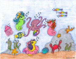 Size: 3236x2528 | Tagged: safe, artist:okiegurl1981, species:crab, species:sea pony, g1, beach ball, bubble, coral, fish, jellyfish, starfish, traditional art, underwater
