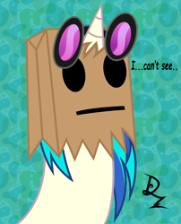 Size: 1929x2392 | Tagged: safe, artist:drzedworth, character:dj pon-3, character:vinyl scratch, species:pony, species:unicorn, abstract background, ambiguous gender, bag on head, face on a bag, paper bag, solo