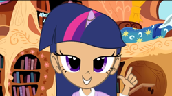 Size: 1366x764 | Tagged: safe, artist:skill:draw, character:twilight sparkle, species:human, female, golden oaks library, humanized, lidded eyes, looking at you, solo, twilightlicious
