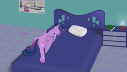 Size: 3840x2160 | Tagged: safe, artist:tiwake, character:twilight sparkle, character:twilight sparkle (alicorn), species:alicorn, species:pony, .svg available, 4k, bed, bedroom, book, detailed, dictionary, dresser, drool, eyes closed, feather, featureless crotch, female, high res, lamp, mare, open mouth, pillow, poster, prone, sleeping, solo, svg, tongue out, underhoof, vector