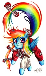Size: 900x1473 | Tagged: safe, artist:lavosvsbahamut, character:rainbow dash, species:pegasus, species:pony, bow, clothing, crossover, female, fujiwara no mokou, hair bow, mare, solo, tail bow, touhou