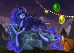 Size: 1900x1363 | Tagged: safe, artist:nyarmarr, character:princess luna, species:alicorn, species:pony, balloon, cloud, female, nightmare night, pumpkin, smiling, solo