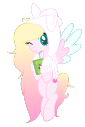 Size: 776x1152 | Tagged: safe, artist:little903, oc, oc only, oc:sunshine sprinkles, species:pegasus, species:pony, bunny ears, clothing, female, flying, hoodie, juice, juice box, mare, one eye closed, simple background, solo, transparent background, wink