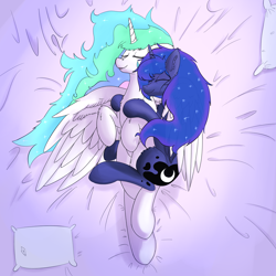 Size: 1500x1500 | Tagged: safe, artist:periodicbrony, character:princess celestia, character:princess luna, species:alicorn, species:pony, bed, chest fluff, cuddling, cute, ear fluff, fluffy, happy, hug, pillow, royal sisters, sleeping, smiling