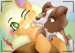 Size: 2501x1780 | Tagged: safe, artist:asimplerarity, character:applejack, character:winona, species:dog, species:pony, camera shot, cheek fluff, chest fluff, cute, duo, ear fluff, eye clipping through hair, grin, jackabetes, leg fluff, licking, one eye closed, smiling, tongue out, winonabetes