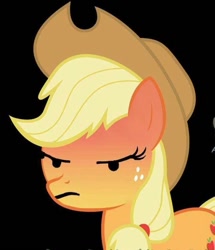Size: 651x756 | Tagged: safe, artist:dharthez, edit, editor:anonymous, character:applejack, species:pony, angry, black background, clothing, cowboy hat, emoji, female, frown, hat, lidded eyes, simple background, solo, stetson