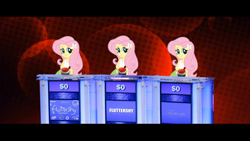 Size: 640x360 | Tagged: safe, artist:mrdeloop, character:fluttershy, my little pony:equestria girls, alternate universe, day of the flutter, equestria girls: the parody series, game show, jeopardy, multeity, triality