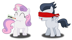 Size: 2403x1325 | Tagged: safe, artist:meandmyideas, character:rumble, character:sweetie belle, ship:rumbelle, blindfold, cute, female, imminent kissing, lipstick, male, shipping, simple background, straight, transparent background