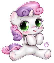 Size: 406x470 | Tagged: safe, artist:catmag, character:sweetie belle, species:pony, species:unicorn, cute, diasweetes, female, filly, looking at you, open mouth, simple background, sitting, smiling, solo