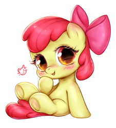 Size: 400x442 | Tagged: safe, artist:catmag, character:apple bloom, species:earth pony, species:pony, adorabloom, bow, cute, female, filly, hair bow, looking at you, open mouth, simple background, sitting, smiling, solo