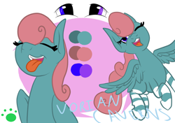 Size: 1700x1200 | Tagged: safe, artist:vorian caverns, oc, oc only, oc:vorian caverns, species:pegasus, species:pony, bad handwriting, blank flank, curly mane, curly tail, eyes closed, fallout equestria oc, female, filly, flying, foal, heterochromia, one eye closed, pink mane, pink tail, reference sheet, signature, simple background, smiling, solo, striped legs, text, tongue out, wings, wink, young