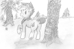 Size: 2936x1971 | Tagged: safe, artist:spackle, oc, oc only, oc:buck evergreen, bucket, looking back, male, pinecone, smiling, solo, traditional art, tree, tree sap