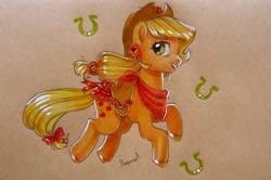 Size: 1280x849 | Tagged: safe, artist:sapraitlond, character:applejack, species:earth pony, species:pony, alternate hairstyle, clothing, dress, female, flower, flower in hair, smiling, solo, traditional art