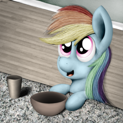 Size: 1280x1280 | Tagged: safe, artist:zirbronium, character:rainbow dash, bowl, cup, cute, female, filly, filly rainbow dash, looking up, open mouth, smiling, solo, younger