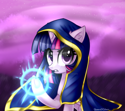Size: 1024x908 | Tagged: safe, artist:queenofsilvers, character:twilight sparkle, character:twilight sparkle (alicorn), species:alicorn, species:pony, cloak, clothing, crossover, glowing hooves, jaina proudmoore, magic, warcraft, watermark, world of warcraft