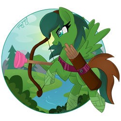 Size: 1969x1969 | Tagged: safe, artist:biskhuit, oc, oc only, oc:windy barebow evergreen, species:pegasus, species:pony, bandage, bow (weapon), female, flying, hoof wraps, mare, plunger, river, solo