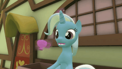 Size: 400x225 | Tagged: safe, artist:edplus, character:rarity, character:trixie, oc, 3d, animated, backfire, cup, gif, inanimate tf, irony, karma, mirror, source filmmaker, teacup, teacupified, that pony sure does love teacups, transformation, trixie teacup