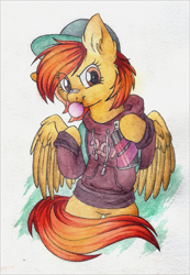 Size: 829x1195 | Tagged: safe, artist:red-watercolor, oc, oc only, oc:firetale, species:pegasus, species:pony, clothing, commission, female, hoodie, mare, solo, traditional art, watercolor painting, ych result