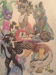 Size: 1936x2592 | Tagged: safe, artist:mlplover1987, character:discord, character:king sombra, character:mane-iac, character:nightmare moon, character:princess luna, character:queen chrysalis, species:alicorn, species:changeling, species:draconequus, species:earth pony, species:pony, species:unicorn, armor, clothing, eye glow, misty mane, traditional art