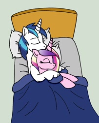 Size: 1065x1312 | Tagged: safe, artist:dragonblood6400, character:princess cadance, character:shining armor, ship:shiningcadance, bed, blanket, cuddling, female, hug, hug from behind, male, pillow, shipping, sleeping, spooning, straight