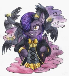 Size: 1063x1165 | Tagged: safe, artist:red-watercolor, oc, oc only, oc:dawn sentry, species:bat pony, species:bird, species:pony, species:raven, clothing, female, flower, hair over one eye, hat, mare, solo, traditional art, watercolor painting