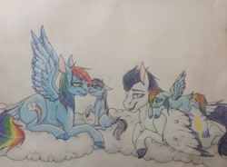 Size: 2577x1897 | Tagged: safe, artist:mlplover1987, character:rainbow dash, character:soarin', oc, parent:rainbow dash, parent:soarin', parents:soarindash, species:pony, ship:soarindash, cloud, colored wings, colored wingtips, family, female, filly, male, new style, offspring, shipping, simple background, straight, traditional art