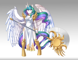 Size: 4202x3256 | Tagged: safe, artist:jay-kuro, character:princess celestia, species:alicorn, species:anthro, species:pony, species:unguligrade anthro, absurd resolution, armor, axe, battle axe, clothing, colored pupils, curved horn, female, goddess, gradient background, mare, missing accessory, smiling, solo, warrior celestia, weapon