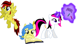 Size: 3480x2015 | Tagged: safe, artist:audiobeatzz, oc, oc only, oc:daylight, oc:google chrome, oc:radiant, species:pegasus, species:pony, species:unicorn, book, browser ponies, controller, female, flying, high res, joystick, magic, mare, pencil, prone, reading, simple background, transparent background, vector