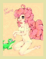Size: 686x866 | Tagged: safe, artist:jcharlesmachiavelli, character:gummy, character:pinkie pie, belly button, bra, clothing, humanized, panties, tailed humanization, underwear