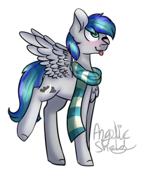 Size: 800x900 | Tagged: safe, artist:angelic-shield, oc, oc only, oc:storm feather, species:pegasus, species:pony, clothing, cute, male, scarf, solo, stallion, tongue out