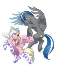 Size: 1994x2607 | Tagged: safe, artist:jay-kuro, oc, oc only, oc:bay breeze, oc:cloud zapper, species:pony, bow, clothing, colored pupils, commission, duo, female, flying, hair bow, male, mare, simple background, smiling, socks, stallion, stockings, striped socks, thigh highs, ych result