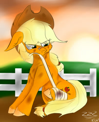 Size: 811x1000 | Tagged: safe, artist:zeezou2, character:applejack, species:earth pony, species:pony, bandage, chest fluff, clothing, female, fence, floppy ears, hat, hill, injured, mare, signature, sitting, solo, sun, sunset, unshorn fetlocks