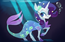 Size: 1096x712 | Tagged: safe, artist:janegumball, character:rarity, species:pony, species:unicorn, bubble, clothing, costume, crepuscular rays, female, grin, mare, mermaid, mermarity, nightmare night costume, raised hoof, smiling, solo, underwater
