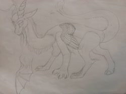 Size: 2516x1880 | Tagged: safe, artist:mlplover1987, character:discord, species:draconequus, all fours, looking at you, male, sketch, solo, traditional art, wip