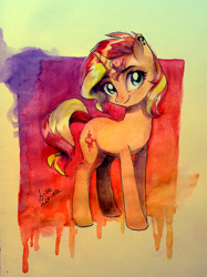 Size: 1280x1709 | Tagged: safe, artist:sapraitlond, character:sunset shimmer, species:pony, species:unicorn, abstract background, backwards cutie mark, ear piercing, female, piercing, smiling, solo, traditional art, watercolor painting