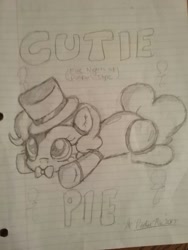 Size: 1200x1600 | Tagged: safe, artist:pinkiepie6680, character:pinkie pie, species:pony, bow tie, clothing, female, five nights at freddy's, hat, lined paper, monochrome, prone, solo, top hat, traditional art