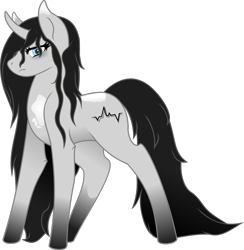 Size: 1016x1039 | Tagged: safe, artist:k-ings, artist:sketchy brush, oc, oc only, oc:echo, species:pony, species:unicorn, black mane, blue eyes, collaboration, gradient hooves, grey fur, large ears, long mane, simple background, solo, spots, tired, transparent background, vector, vector trace