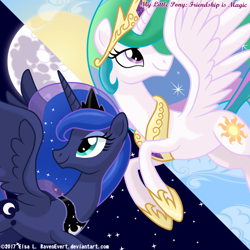 Size: 1600x1600 | Tagged: safe, artist:ravenevert, character:princess celestia, character:princess luna, species:alicorn, species:pony, cloud, flying, mare in the moon, moon, royal sisters, stars, sun