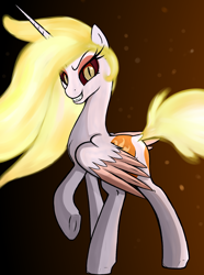 Size: 1180x1588 | Tagged: safe, artist:vinaramic, character:daybreaker, character:princess celestia, species:alicorn, species:pony, episode:a royal problem, g4, my little pony: friendship is magic, both cutie marks, daybutt, dock, female, gradient background, grin, looking back, plot, raised hoof, smiling, solo, underhoof