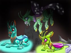Size: 708x528 | Tagged: safe, artist:mlplover1987, species:changeling, species:reformed changeling, background changeling, dark background, digital art, trio