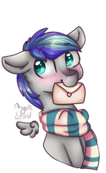 Size: 446x728 | Tagged: safe, artist:angelic-shield, oc, oc only, oc:storm feather, species:pony, blushing, clothing, cute, letter, love letter, scarf, simple background, solo, transparent background