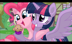 Size: 1298x788 | Tagged: safe, artist:ravenevert, character:pinkie pie, character:twilight sparkle, character:twilight sparkle (alicorn), species:alicorn, species:pony, cupcake, flag, food, happy